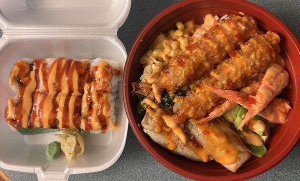 Spicy Scallop Roll and Sweet Chili Shrimp Bowl