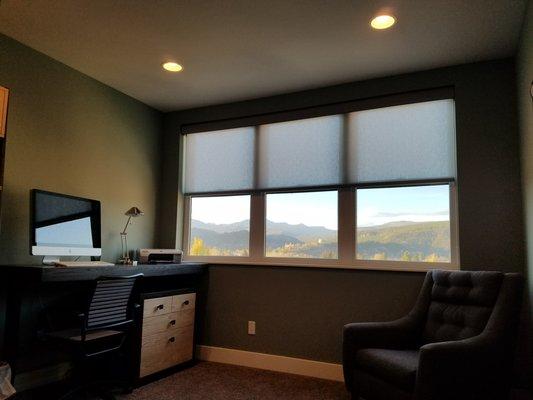 Roller shade providing heat and glare control for this new home office space.