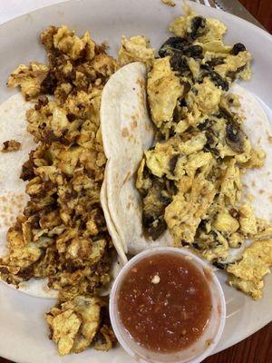 Chorizo & egg | egg & mushroom tacos