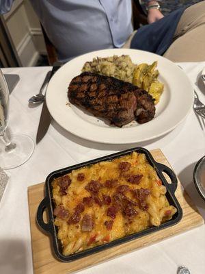 Mac and cheese and 12 ounce ribeye