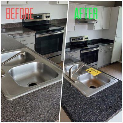 Kitchen counter top refinished in stone finish look