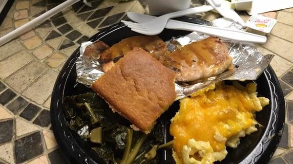 Pork loin special with collards, Mac & cheese, and cornbread.  Yummmmy! 6.99