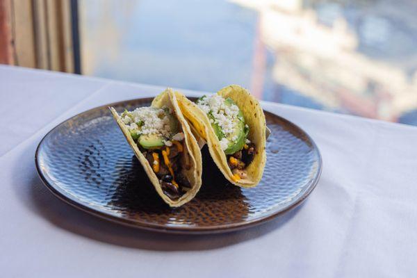 Mushroom & Potato Tacos - roasted mushroom, grilled gold potato, carrot habanero salsa, fresh avocado, queso fresco