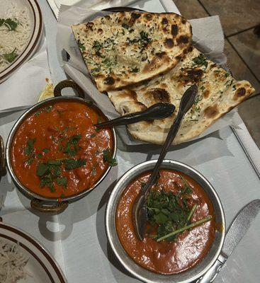 Lamb Tikka Masala, Butter Chicken, Garlic Naan Bread