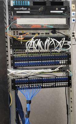 Building cat5e patch panels in the IT rack.