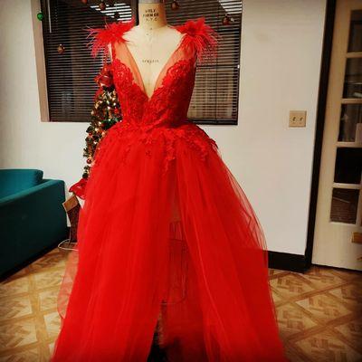 Red tulle and lace gown