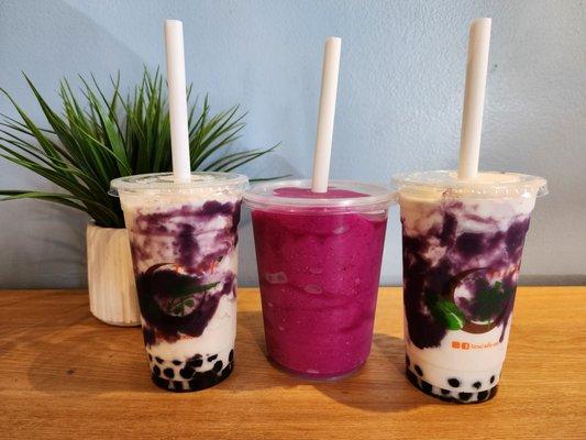 Coconut Ube Smoothies with Boba and an Acai Smoothie