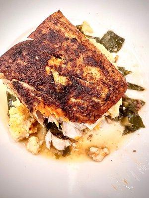 Cajun Mahi Mahi with cheesy grits and collards