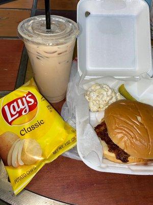 BBQ Pulled Pork Sandwich ($9.65) with an Iced Vanilla Latte ($4.65)