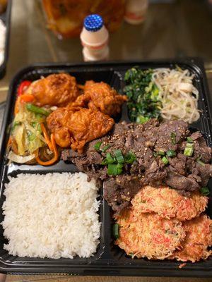 4 item plate w Fried chicken, bulgogi, white rice, Korean pancake. & Japjae