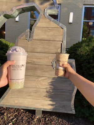 Taro Slush  (with coconut jelly)  & Peach Milk Tea