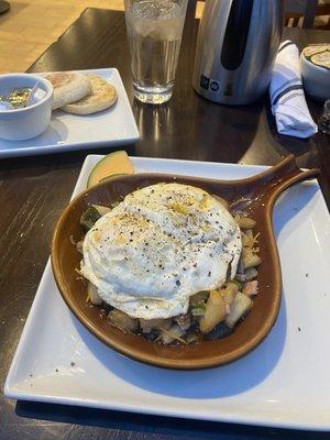 Western skillet with the most over cooked eggs on the planet.