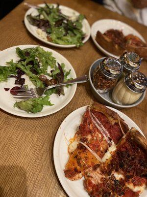 Spring salad and deep dish pizza (half Zachary and half carne)