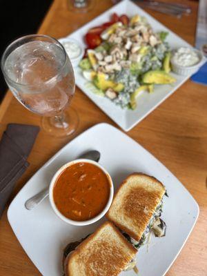 Garden press sandwich, tomato artichoke soup, Cobb salad