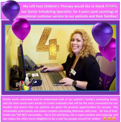 Happy 4-Year Anniversary with My Left Foot Children's Therapy, Kristin!