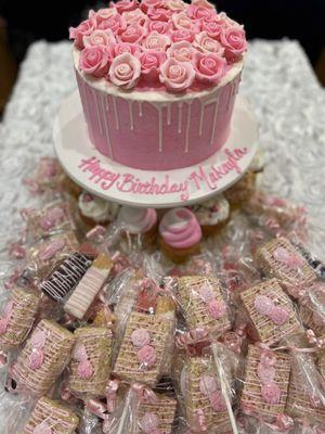 Rose Drip Cake with chocolate rice Krispie pops and chocolate covered wafers