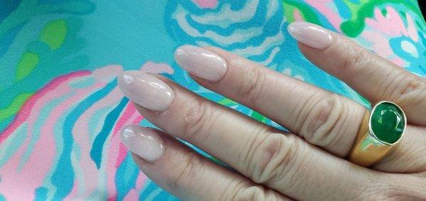 Dipped nails, a pale pink shimmer