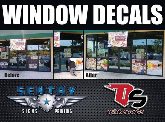 We offer custom window decals.   Vinyl Lettering, Window Perf, or Vinyl Decals. Contour cutting available as well.