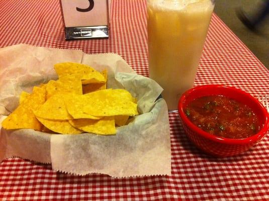 Chips, salsa, and horchata.