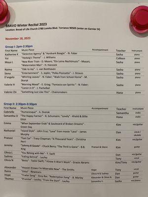 11/18/23 Winter Recital Schedule