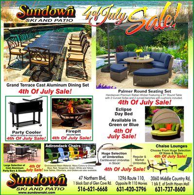 July 2021 4th of July Weekend Sale is Going On Now! Choose between many patio dining sets and seating sets! Umbrellas, firepits and more!