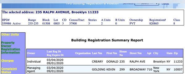 The owner and managing agent, Donald Creary and Kevin Golding, have a total of 39 HPD violations.