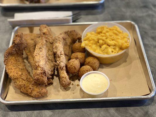 Fresh fried catfish, hush puppies, and Mac n cheese.