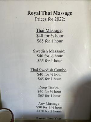 Prices & descriptions of massage