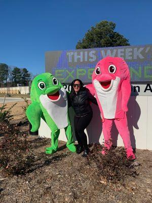 Danny & Dolly Dolphin posing with team member Leah!