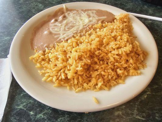 Canned refried beans and overcooked rice.