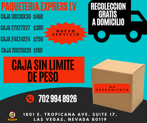 Caja sin limite de peso 
Recoleccion a domicilio GRATUITA
*Ropa
*Zapatos
*Bolsos
*Electronicos
*Nuevo o usado
*Perfumes