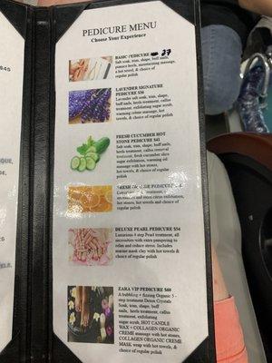 Pedicure menu as of 9/10/21