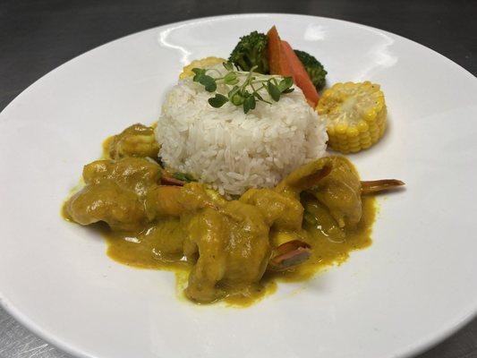 Curry Shrimp with market vegetable and Jasmine rice