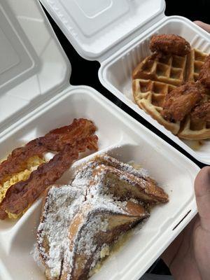 French Toast Platter with Bacon and Eggs  Chicken and Waffles