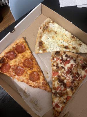 Pepperoni slice, Ricotta slice, Chicken Bacon Ranch slice