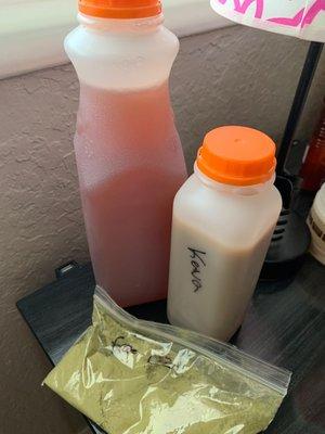 24 oz Strawberry and peach red/green Kratom blend with a 16 oz Kava and my free oz