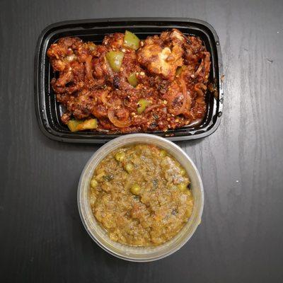 Top - Gobi (cauliflower) Manchurian. Bottom - Baingan Bhartha (Mashed Eggplant). Vegan