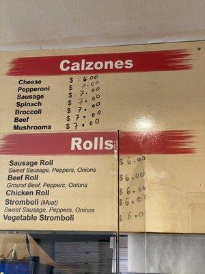 Calzones & Rolls menu