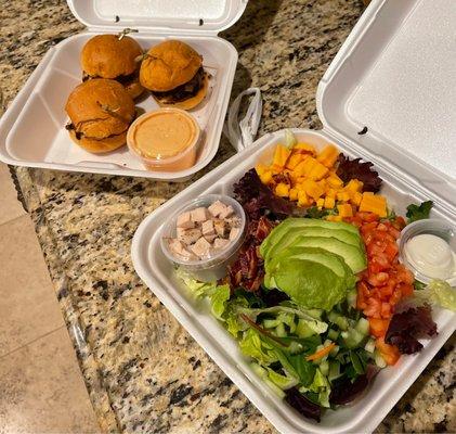 Sliders and Cobb salad