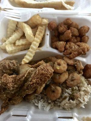 Fried shrimp and catfish with shrimp stew and fries plate lunch $9.99