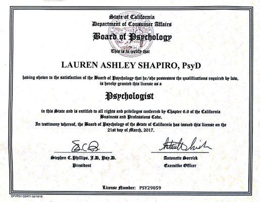 Lauren Ashley Shapiro, PsyD is a CA-Licensed Psychologist