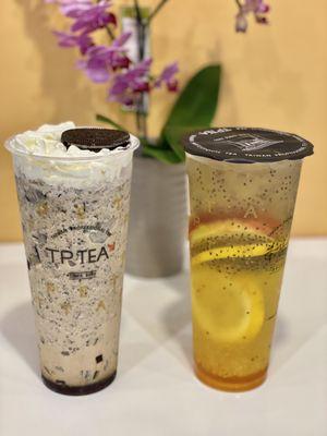 French puff Oreo cookie & Fresh fruit tea with chia seeds