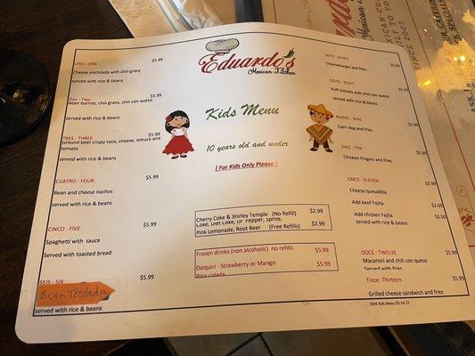 Kids menu June 2023