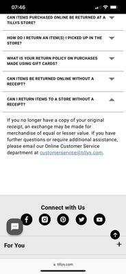 Tilly's corporate exchange policy from their website without a receipt.