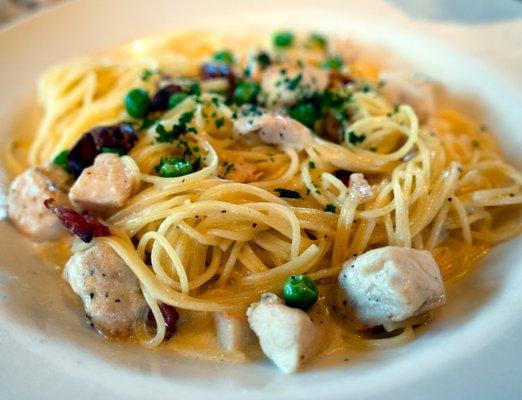 Pasta Carbonara, with Chicken, Lunch portion: $20.50. The upcharge for the chicken wasn't worth it.