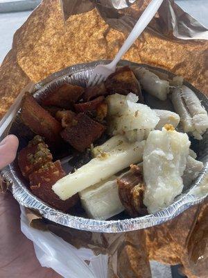 Chicharon with yuca and platanitos. Disgusting!