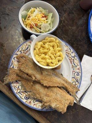 Fried catfish, Mac and cheese and side salad! Whole filets.... So good