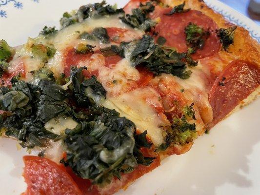 Large delicious custom pizza all pepperoni and half with broccoli and sautéed spinach! Yum!!!