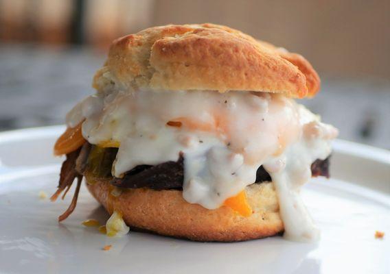 The "Sloppy Dude" Brisket, Egg, Cheese and Sausage Gravy. Dang it's good!