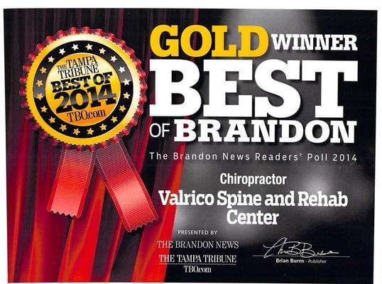 Awarded 2014 Tampa Tribune Best Of Brandon - Gold Winner - Best Chiropractor